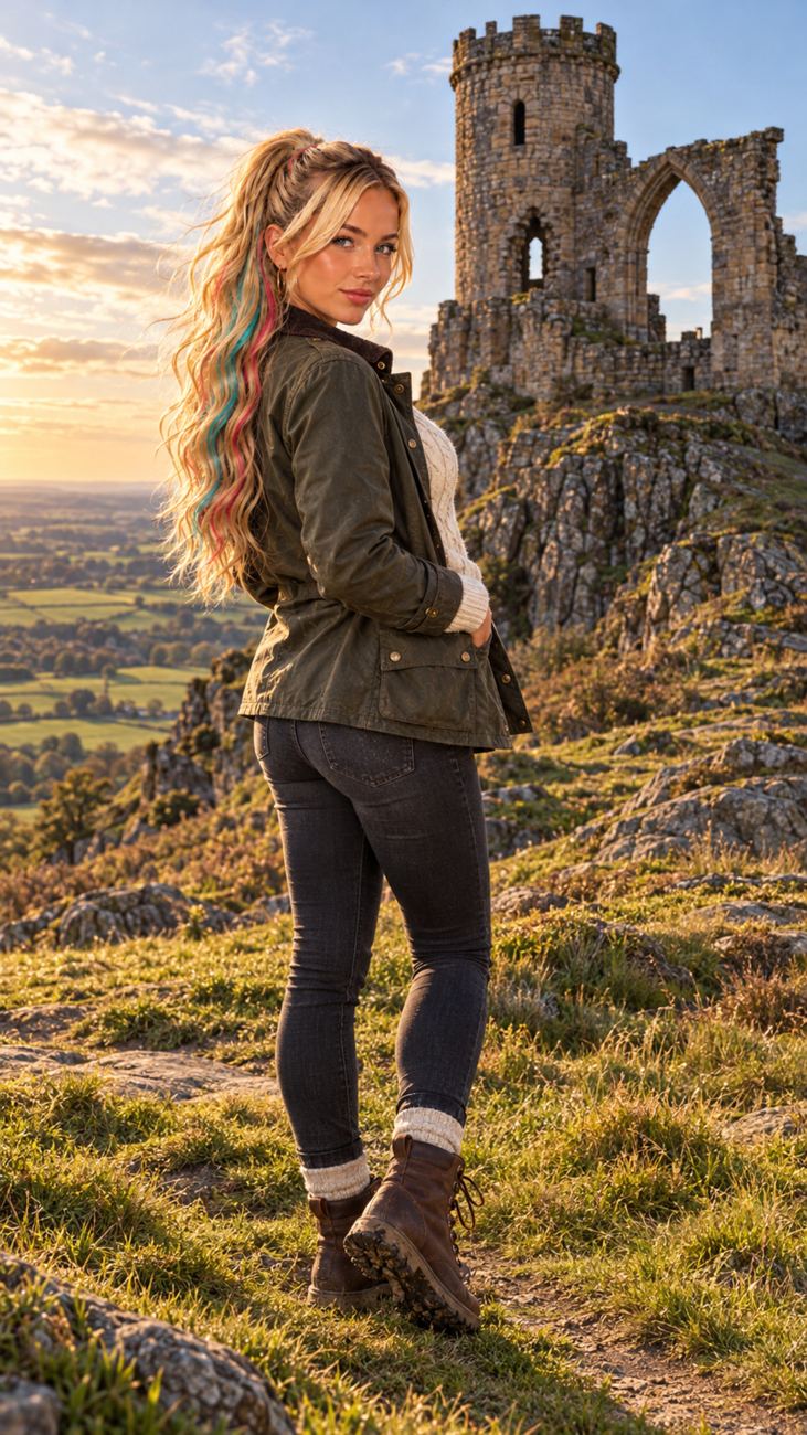 Portrait of Trixy with a backdrop inspired by Mow Cop Castle