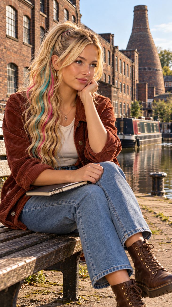 Portrait of Trixy with a backdrop inspired by Middleport Pottery